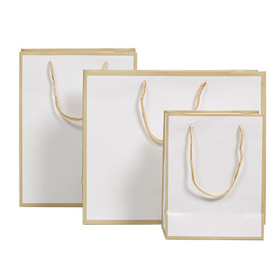 Sac papier luxe pelliculé blanc liseré or 36 + 13 x H 30 cm - Sac cadeau - Paquet de 20 - Sacs pelliculés poignées cordelette-1