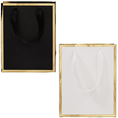 Sac cadeau premium pelliculé blanc liseré or 18 + 10 x H 22 cm - Sac papier luxe - Paquet de 20 - Sacs pelliculés unis, poignées ruban-1