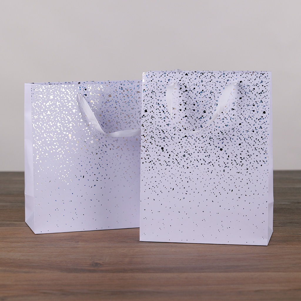 Sac cadeau pelliculé Terrazzo blanc / or / argent irisé 36 + 13 x H 30 cm - Paquet de 20 - Sacs pelliculés à motifs-2