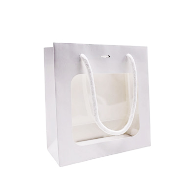 Sacs pelliculés blanc mat avec fenêtre - 18 + 8 x 19 cm - Sacs pelliculés poignées cordelette