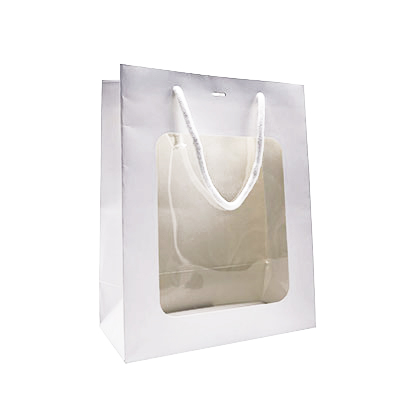 Sacs pelliculés blanc mat avec fenêtre - 22 + 11 x 28 cm - Sacs pelliculés poignées cordelette
