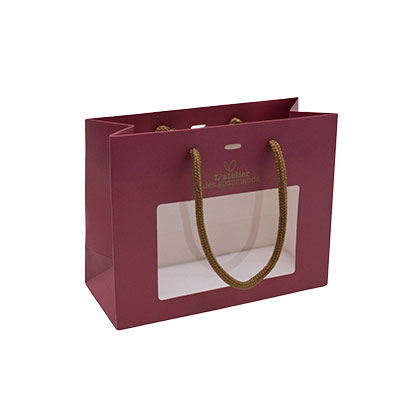 Sacs papier kraft à fenêtre poignées cordelettes - 22+9x17cm - collection Épicerie Fine  bordeaux - Sacs pelliculés à motifs