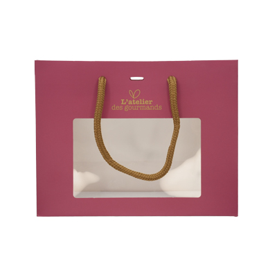 Sacs papier kraft à fenêtre poignées cordelettes - 22+9x17cm - collection Épicerie Fine  bordeaux - Sacs pelliculés à motifs