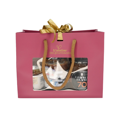 Sacs papier kraft à fenêtre poignées cordelettes - 22+9x17cm - collection Épicerie Fine  bordeaux - Sacs pelliculés à motifs-1