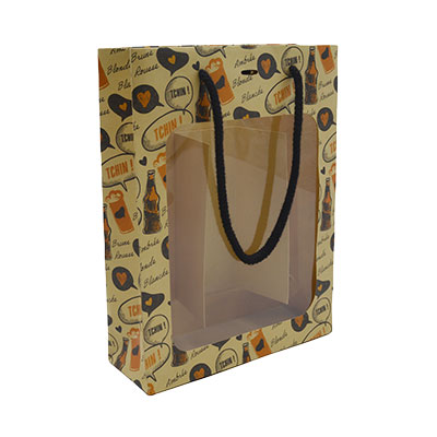 Sac kraft avec fenêtre et poignées cordelières décor Bière 30 + 7 x H 26 cm - Sacs pelliculés à motifs