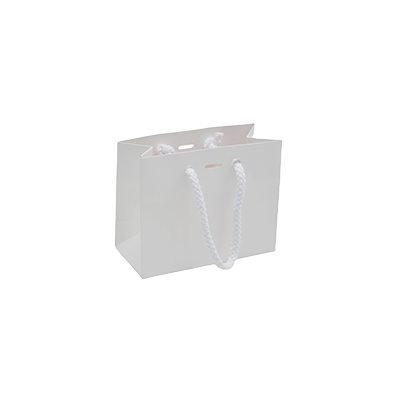 Sac papier luxe blanc mat à poignées cordelette 14 x 6,5 x 11 cm 190g/m² - Paquet de 20 - Sacs pelliculés poignées cordelette