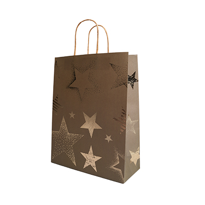 Sac cadeau kraft poignées torsadées vert olive à motif étoiles 24 + 10 x 31 cm - Paquet de 20 - Sacs kraft luxe