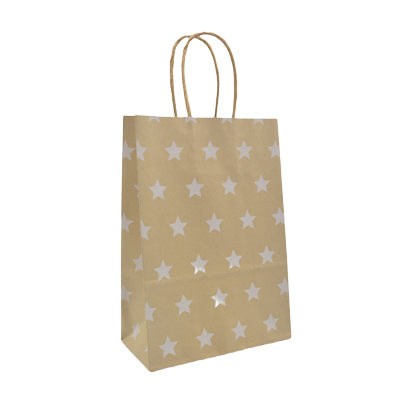 Sac cadeau kraft brun à étoiles blanches poignées torsadées 16 + 8 x 23 cm - Paquet de 100 - Sacs kraft à motifs