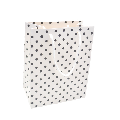 Sac pelliculé blanc à pois noirs poignées cordelette 18 x 10 x 23 cm – Paquet de 20 - Sacs pelliculés à motifs