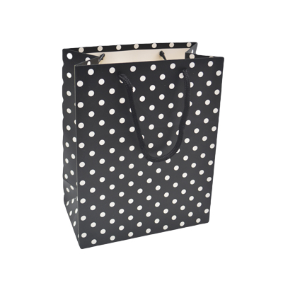 Sac pelliculé noir à pois blancs poignées cordelette noires 18 x 10 x 23 cm – Paquet de 20 - Sacs pelliculés à motifs