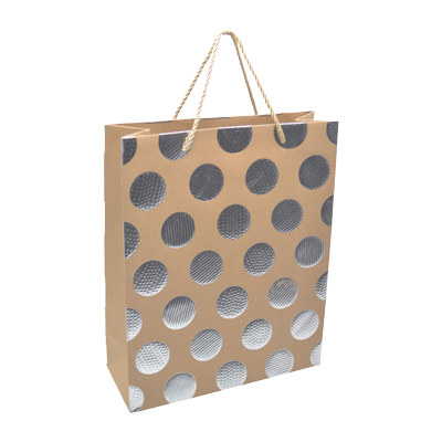 Sac kraft luxe pois embossés argent poignées cordelette 26 x 10 x 32 cm - Paquet de 20 - Sacs kraft luxe