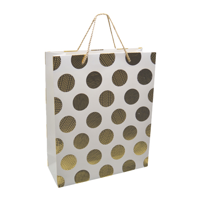Sac pelliculé blanc pois embossés or poignées cordelette dorées 26 x 10 x 32 cm – Paquet de 20 - Sacs pelliculés à motifs