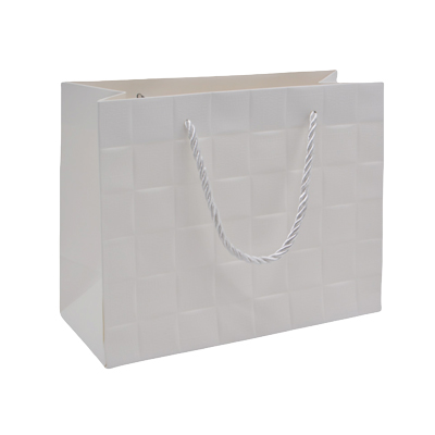 Sacs pelliculés blancs embossés tressés poignées cordelette 31+12x26 cm 210g/m² – Paquet de 20 - Sacs pelliculés à motifs