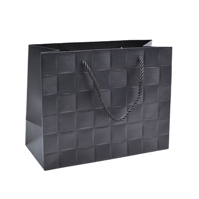 Sacs pelliculés noirs embossés tressés poignées cordelette 23+10x18 cm 210g/m² – Paquet de 20 - Sacs pelliculés à motifs