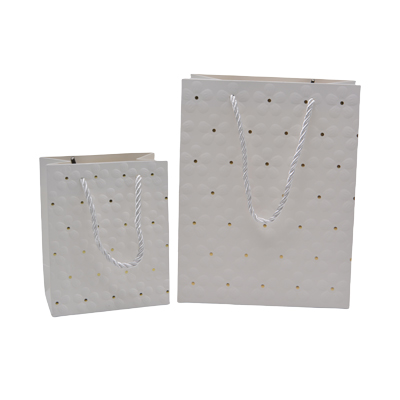 Sacs pelliculés blancs embossés fleurs pois or poignées cordelette 18+10x23 cm 210g/m² – Paquet de 20 - Sacs pelliculés à motifs-1