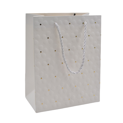 Sacs pelliculés blancs embossés fleurs pois or poignées cordelette 18+10x23 cm 210g/m² – Paquet de 20 - Sacs pelliculés à motifs