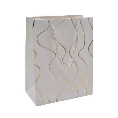 Sacs pelliculés blancs embossés vagues or poignées cordelette 18+10x23 cm 210g/m² – Paquet de 20 - Sacs pelliculés à motifs