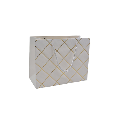 Sacs pelliculés blancs embossés carreaux or poignées cordelette 15+7x12 cm 210g/m² – Paquet de 20 - Sacs pelliculés à motifs