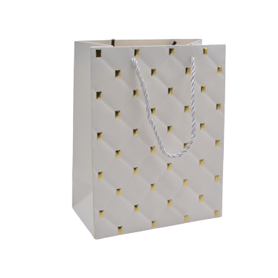 Sacs pelliculés blancs embossés losanges or poignées cordelette 18+10x23 cm 210g/m² – Paquet de 20 - Sacs pelliculés à motifs