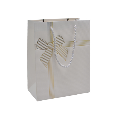 Sacs pelliculés blancs embossés nœud or poignées cordelette 18+10x23 cm 210g/m² – Paquet de 20 - Sacs pelliculés à motifs