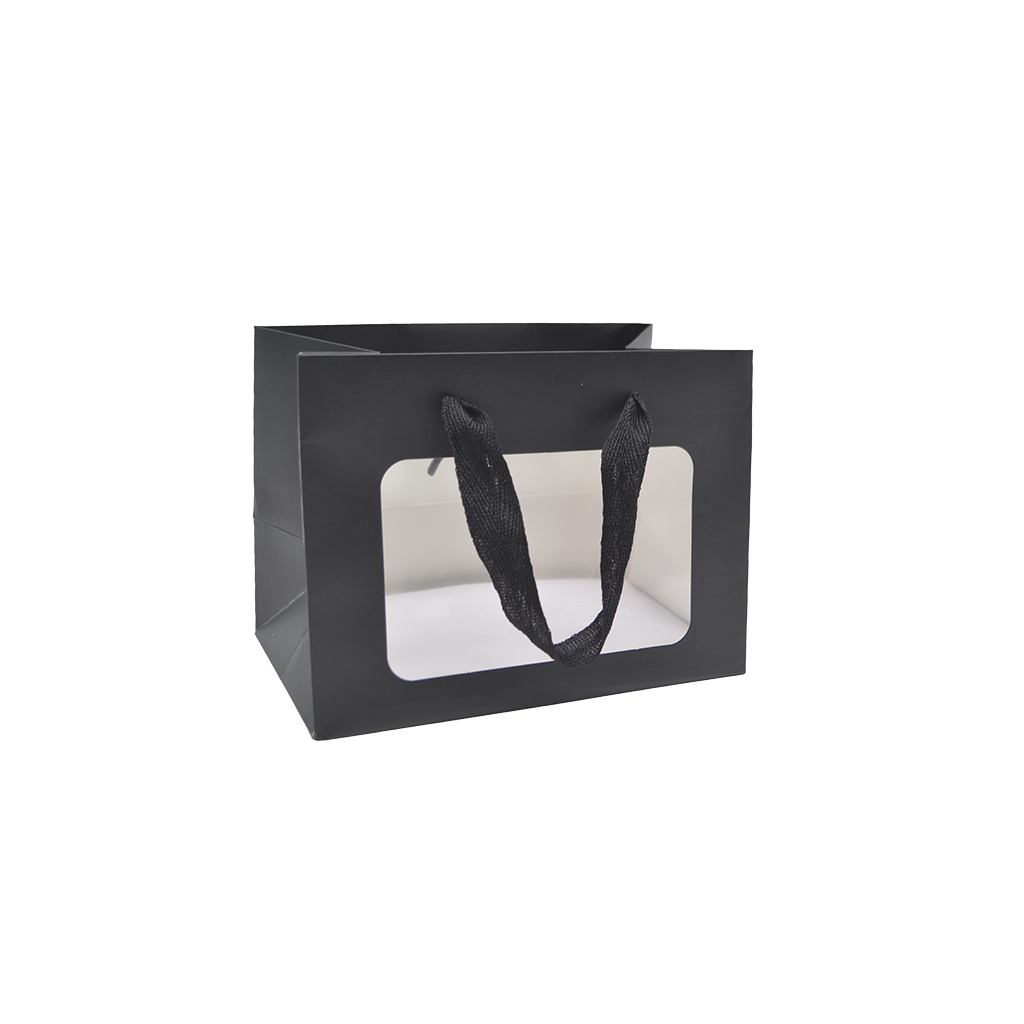 Sacs pelliculés noirs mat à fenêtre et poignées cotonnette – 18 x 11 x 13,5 cm - Paquet de 20 - Sacs pelliculés poignées cordelette