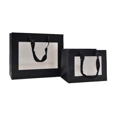 Sacs pelliculés noirs mat à fenêtre et poignées coton – 24 x 11 x 20 cm - Sacs pelliculés poignées cordelette-2