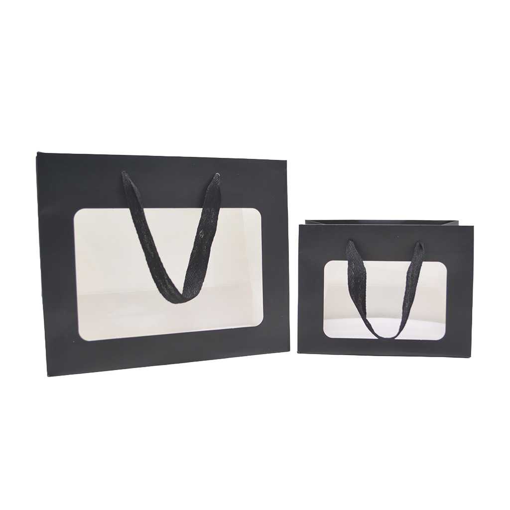 Sacs pelliculés noirs mat à fenêtre et poignées coton – 24 x 11 x 20 cm - Sacs pelliculés poignées cordelette-3