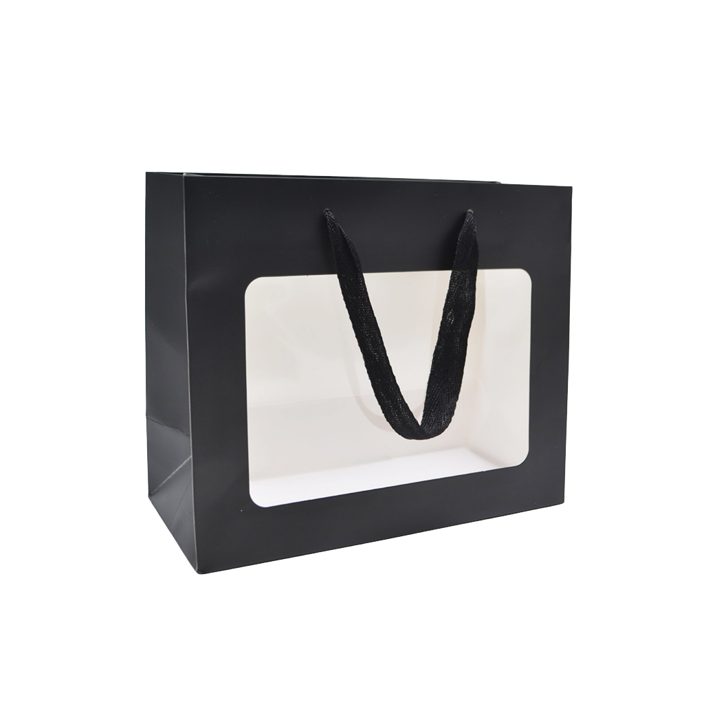 Sacs pelliculés noirs mat à fenêtre et poignées coton – 24 x 11 x 20 cm - Sacs pelliculés poignées cordelette