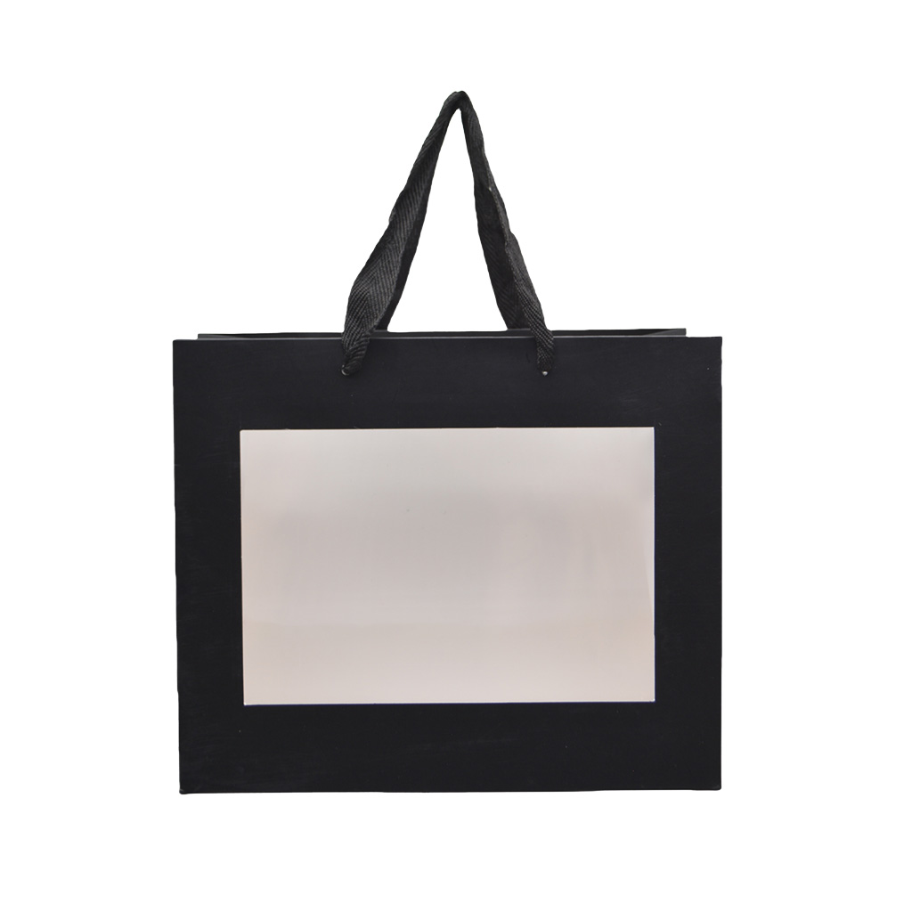 Sacs pelliculés noirs mat à fenêtre et poignées coton – 24 x 11 x 20 cm - Sacs pelliculés poignées cordelette-1