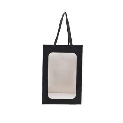 Sacs pelliculés noirs mats à fenêtre et poignées coton – 15 x 10 x 20 cm - Sacs pelliculés poignées cordelette