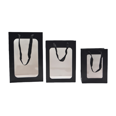 Sacs pelliculés noirs mats à fenêtre et poignées coton – 15 x 10 x 20 cm - Sacs pelliculés poignées cordelette-1