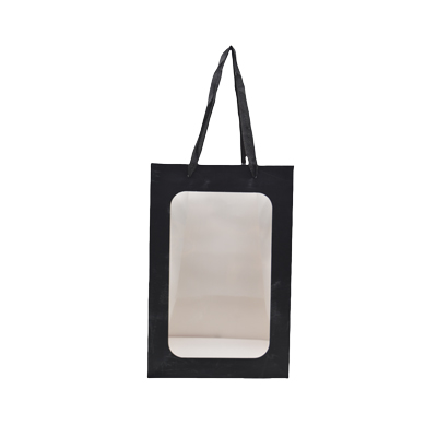 Sacs pelliculés noirs mats à fenêtre et poignées coton – 20 x 16 x 30 cm - Paquet de 20 - Sacs pelliculés poignées cordelette