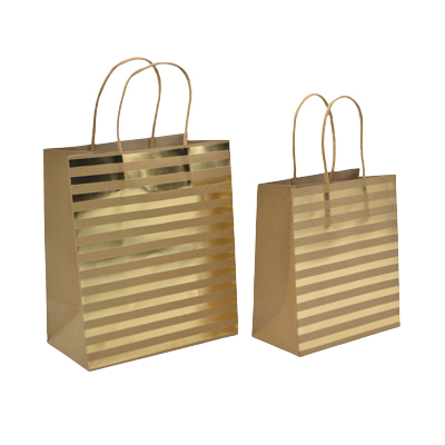 Sac cadeau kraft à rayures dorées poignées torsadées 18x10x21 cm – Paquet de 20 - Sacs kraft à motifs-1