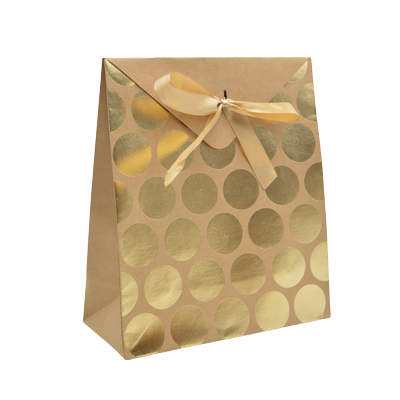 Pochette cadeau papier kraft brun à pois or avec rabat et ruban satiné 18x8x21cm – Paquet de 20 - Pochettes cadeaux luxe