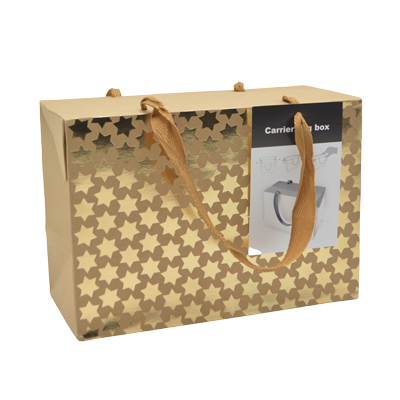 Boîte cadeau carton à poignées et étoiles or 23x11x16 cm - Valisette carton – Lot de 10 - Boites carton avec poignée