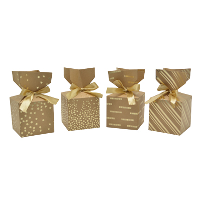 Boîte cadeau pliable kraft avec noeud intégré à rayures or parsemées 10x10x10 cm - Boite cadeau origami - Lot de 20 - Boites cadeaux carton pliables-1