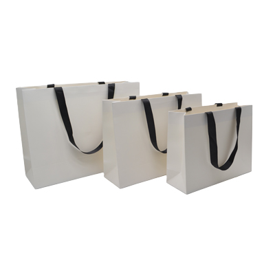 Sacs pelliculés blancs à poignées ruban noires – 43 x 14 x 32 cm – Paquet de 10 - Sacs pelliculés unis, poignées ruban-1