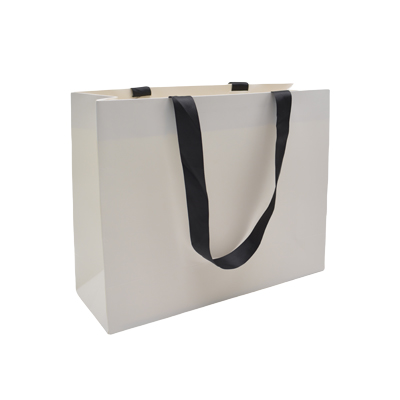 Sacs pelliculés blancs à poignées ruban noires – 38 x 12 x 28 cm – Paquet de 10 - Sacs pelliculés unis, poignées ruban