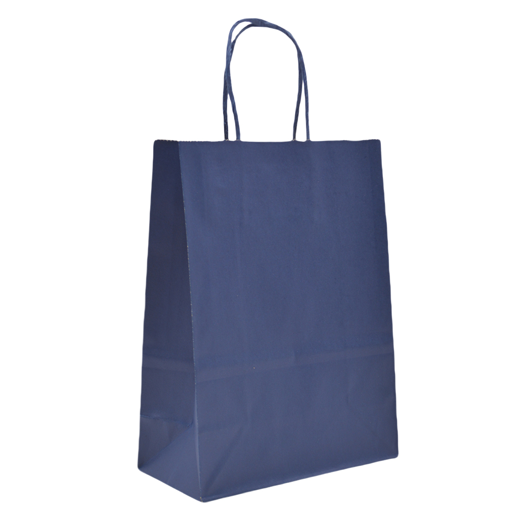 Sacs kraft bleu marine poignées torsadées 35+14x42,5 cm – Paquet de 50 - Sacs kraft couleur poignées torsadées