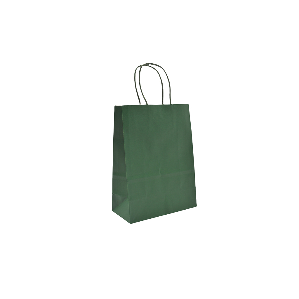 Sacs kraft vert foncé poignées torsadées 16+8x22 cm – Paquet de 100 - Sacs kraft couleur poignées torsadées