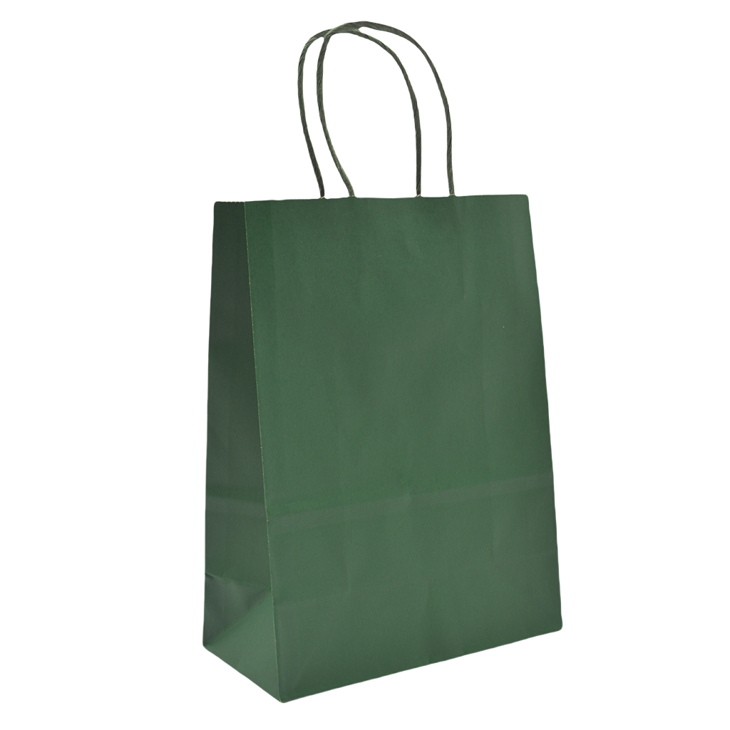 Sacs kraft vert foncé poignées torsadées 35+14x42,5 cm – Paquet de 50 - Sacs kraft couleur poignées torsadées