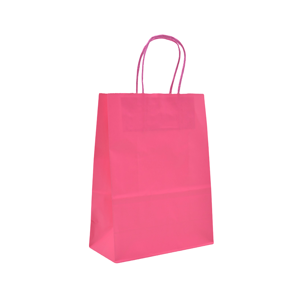 Sacs kraft rose foncé poignées torsadées 26+12x33 cm – Paquet de 100 - Sacs kraft couleur poignées torsadées