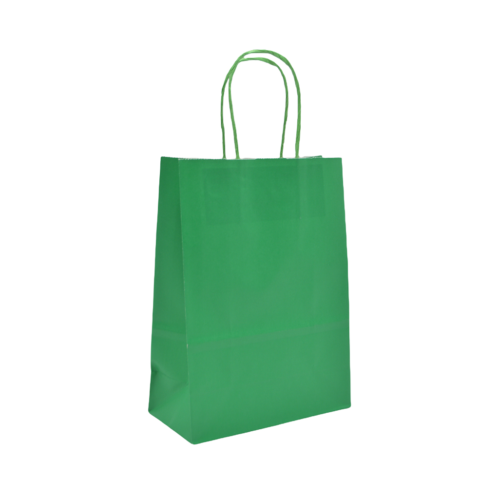 Sacs kraft vert poignées torsadées 26+12x33 cm – Paquet de 100 - Sacs kraft couleur poignées torsadées