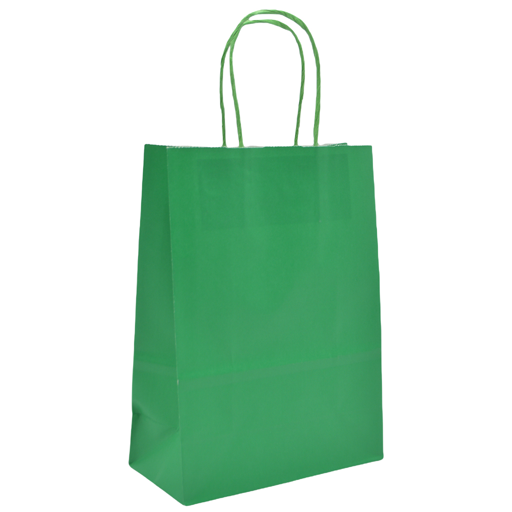 Sacs kraft vert poignées torsadées 35+14x42,5 cm – Paquet de 50 - Sacs kraft couleur poignées torsadées