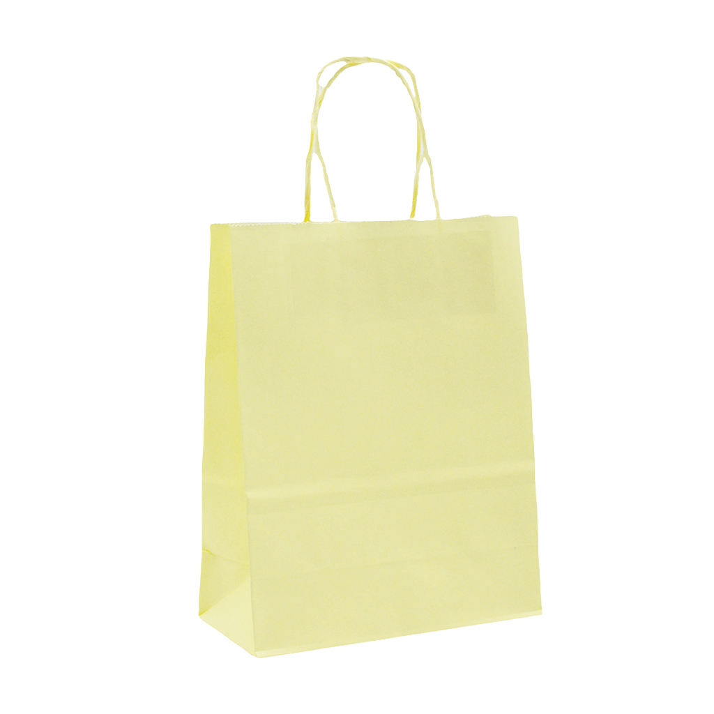 Sacs kraft jaune pastel poignées torsadées 26+12x33 cm 117g/m² – Paquet de 100 - Sacs kraft couleur poignées torsadées