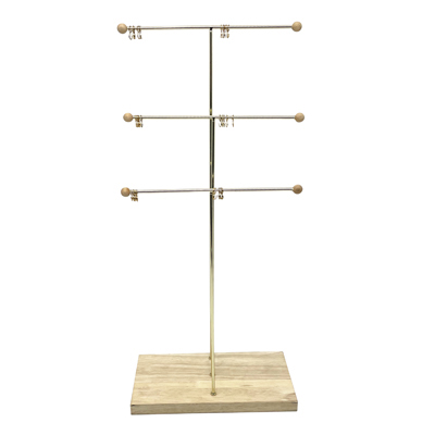 Présentoir bijoux 3 niveaux métal doré et bois – L 23 x P 12 x H 49,5 cm - Présentoirs à bijoux multifonction