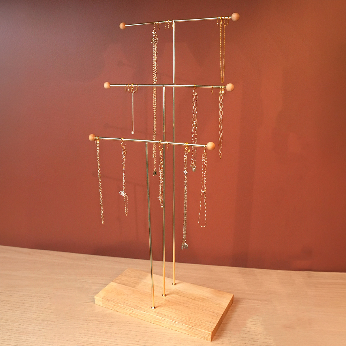 Présentoir bijoux 3 niveaux métal doré et bois – L 23 x P 12 x H 49,5 cm - Présentoirs à bijoux multifonction-2