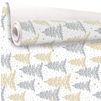 Papier cadeau Arbre de Noël Sapins or/argent/blanc 80 g/m² 70 cm x 50 m papier couché - Papiers cadeaux à motifs-1