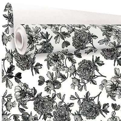 Papier cadeau fleurs dessinées noir & blanc 70 cm x 50 m 80 g/m² – Le rouleau - Papiers cadeaux à motifs-1