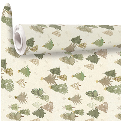 Papier cadeau sapins aquarelle beige/vert/brun 70 cm x 50 m 80 g/m² – Le rouleau - Papiers cadeaux à motifs-1